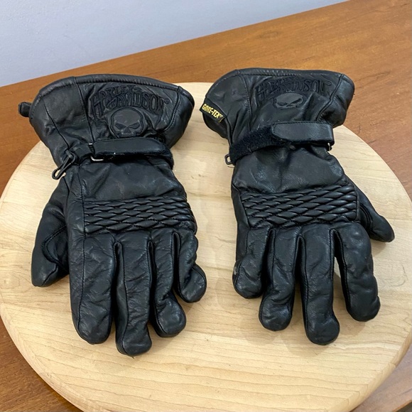 Harley Davidson VTG Skull Black Genuine Leather Gortex Biker Gloves Men Sz S - Picture 1 of 9